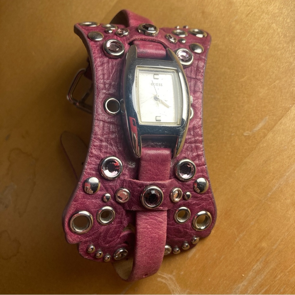 Y2K GUESS Pink Leather Cuff Watch – Studded & Rhinestoned - 2000s Rocker Vibes